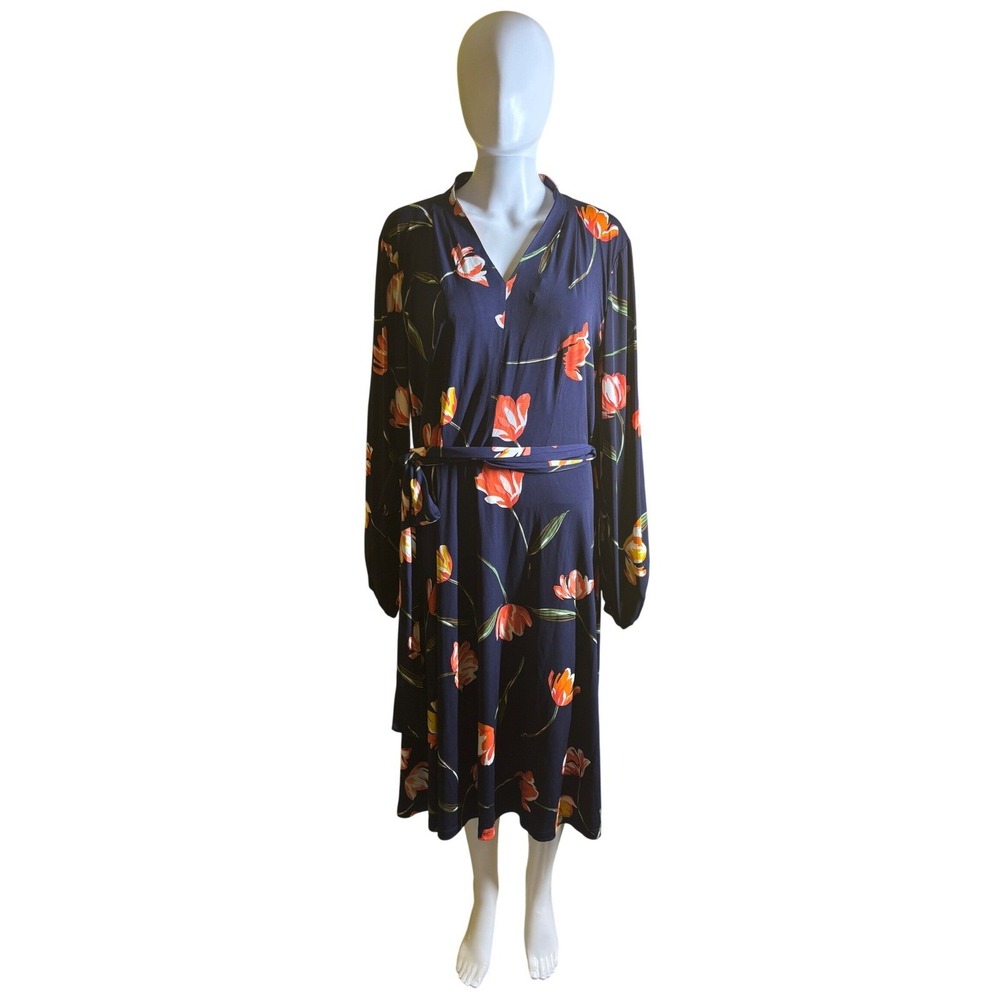 London‎ Times Navy Blue Floral Mock Neck Long Sleeve Belted Midi Dress Size 12